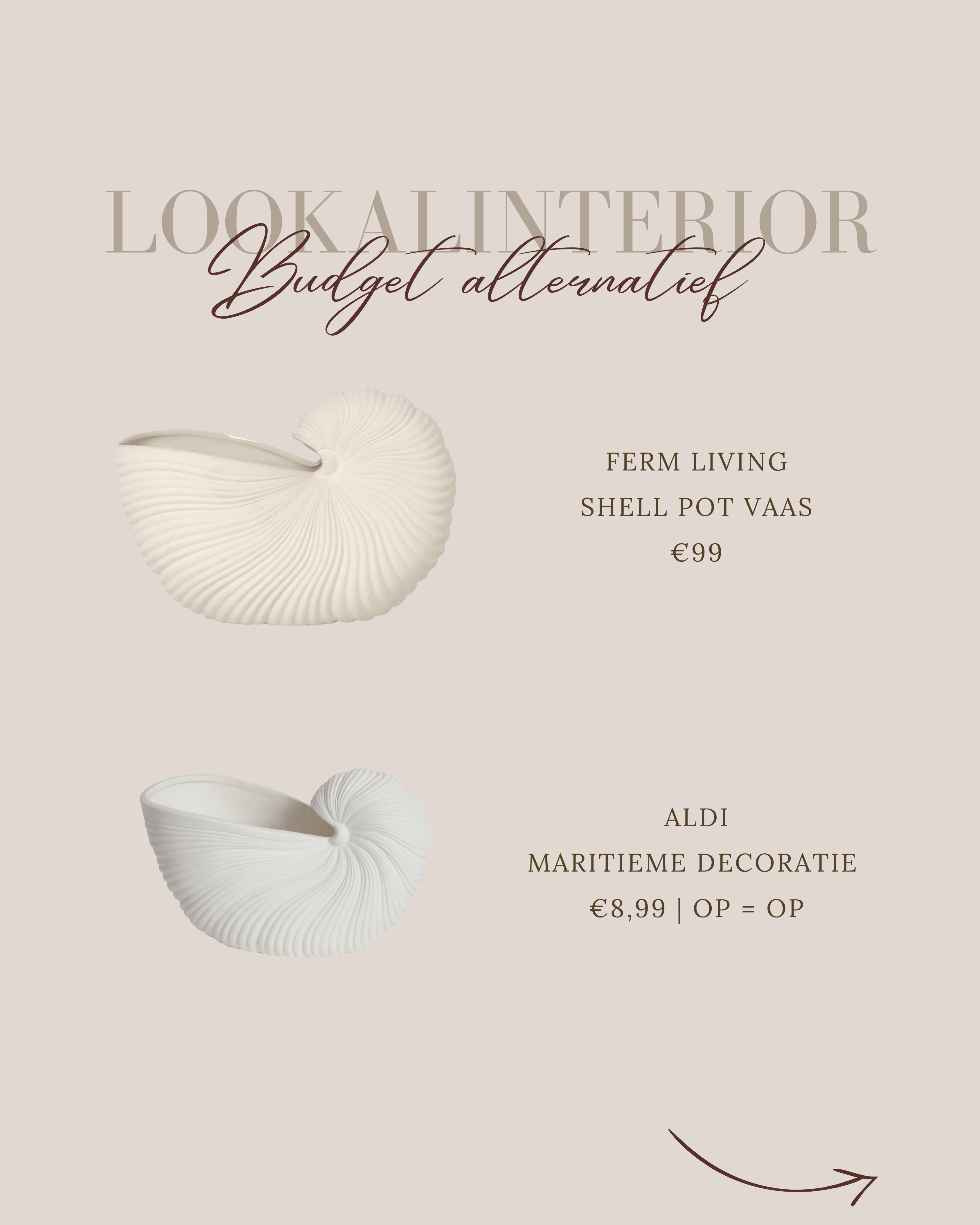 lookalike - ferm living shell pot vs aldi decoratie schelp vaas